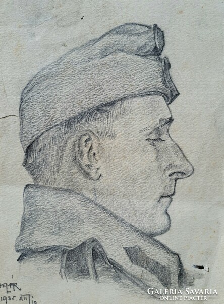 Male portrait, 1935 - graphite pencil drawing soldier portrait with squid markings