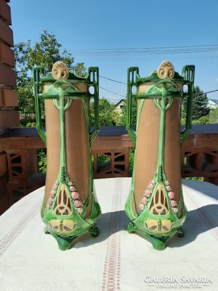 A pair of Eichwald majolica art nouveau decorative vases