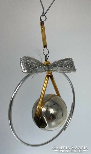 Old tapestry Christmas tree decoration, silver glass ball with bow