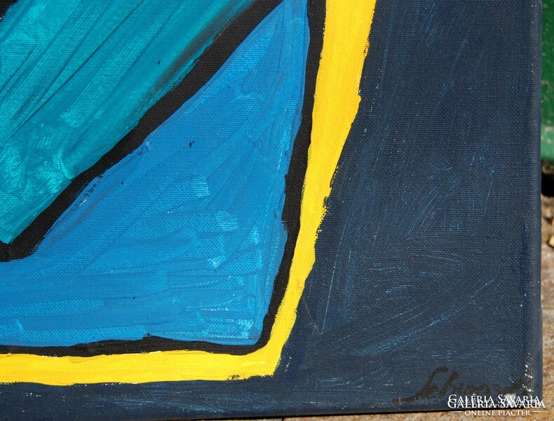 Kortárs művész: Kék-sárga-fekete fantázia - olaj-vászon festmény, jelzett