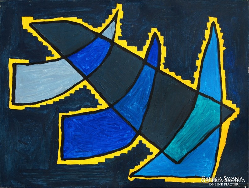 Kortárs művész: Kék-sárga-fekete fantázia - olaj-vászon festmény, jelzett