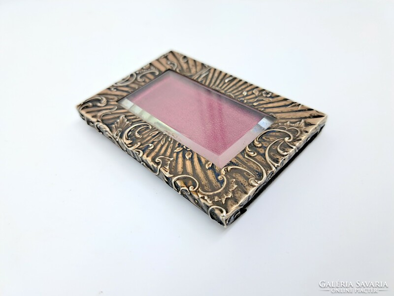 Silver picture frame with etched glass, leather cover