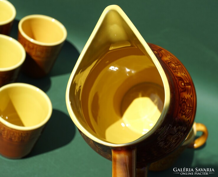 Régi retro Gránit kerámia 6 személyes készlet kancsó pohár tejkiöntő teás készlet
