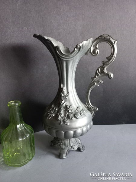 Pewter carafe, pitcher with rose decoration 25 cm