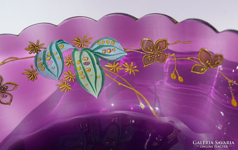 Nagyméretű antik Moser ametiszt levendula lila művész üveg mély tál asztalközép