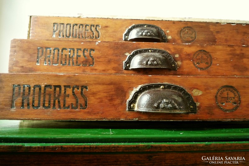 Antik MEZ Progress fiókos szekrény rövidárus szekrényke Mezvater szatócsbolti