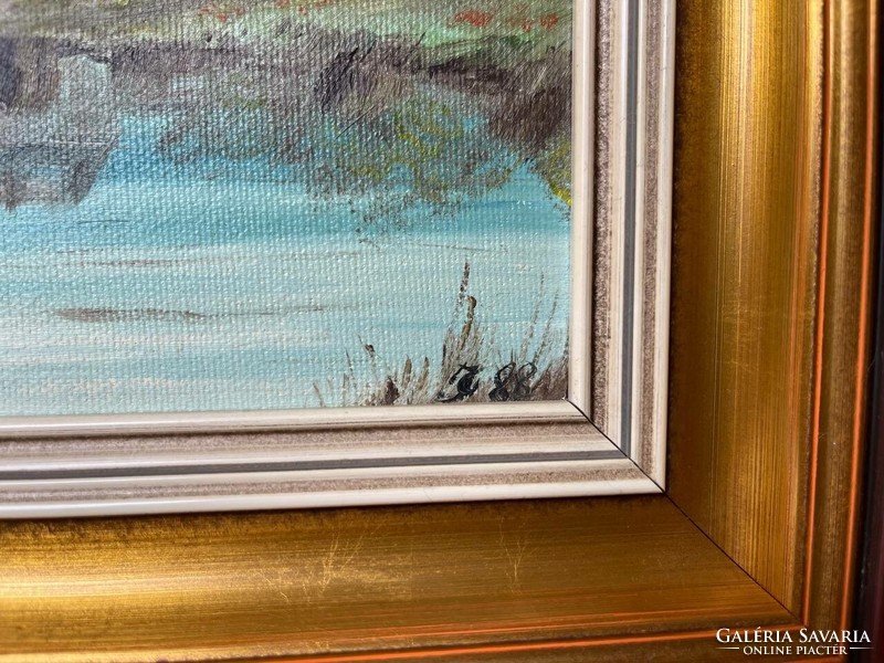 4 db kép 1 db áráért Olaj festmény Kastéllyal és kis tóval 4 évszakban