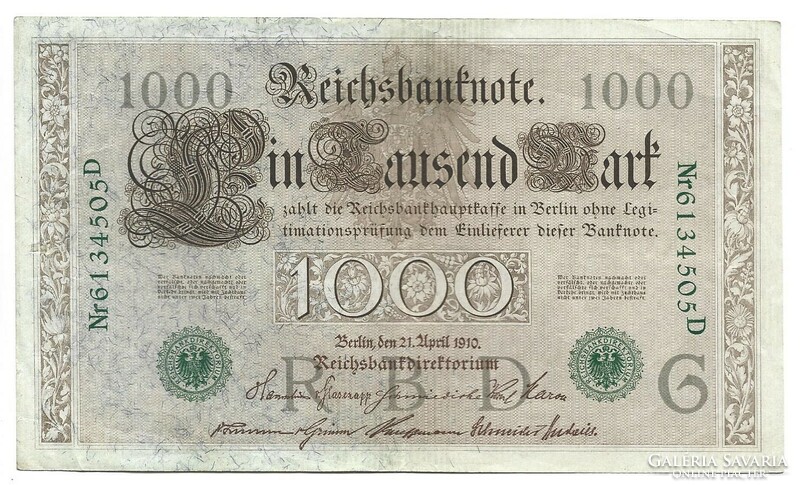 1000 márka 1910 7 jegyű zöld sorszám Németország 2.