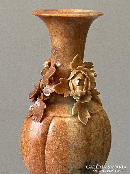 Antique grease stone vase with Asian needlework flower decoration