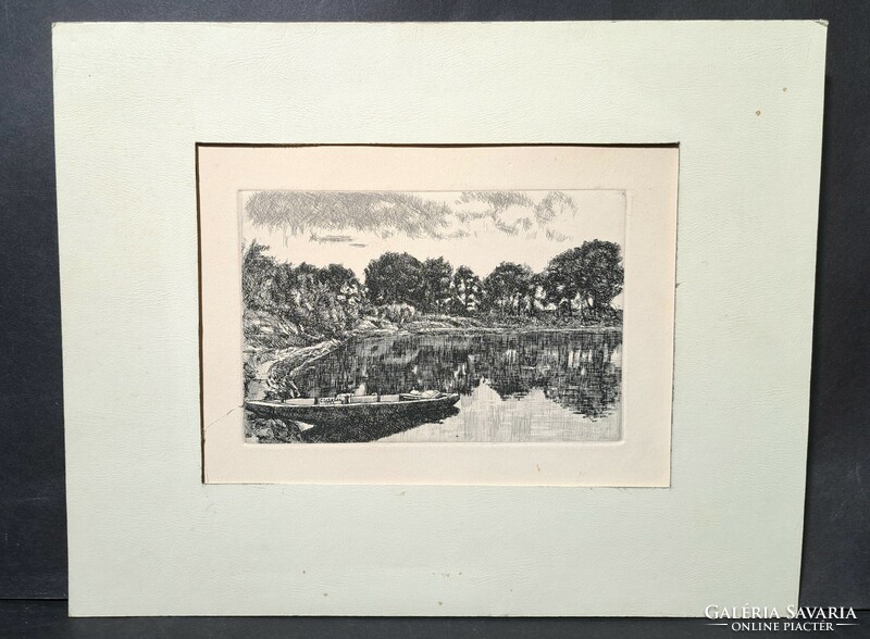 Mihály Csisztu: boat on the water - etching