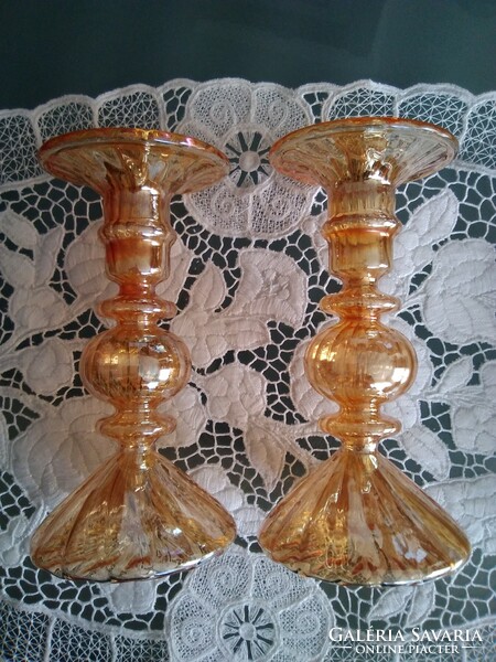 Extremely modern villeroy & boch blown glass candle holders in shimmering peach.