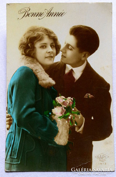 Antik Újévi üdvözlő romantikus színezett fotó képeslap