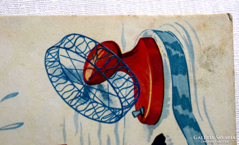 Régi humoros grafikus képeslap mozgatható szemű izzadó pingvin ventillátorral