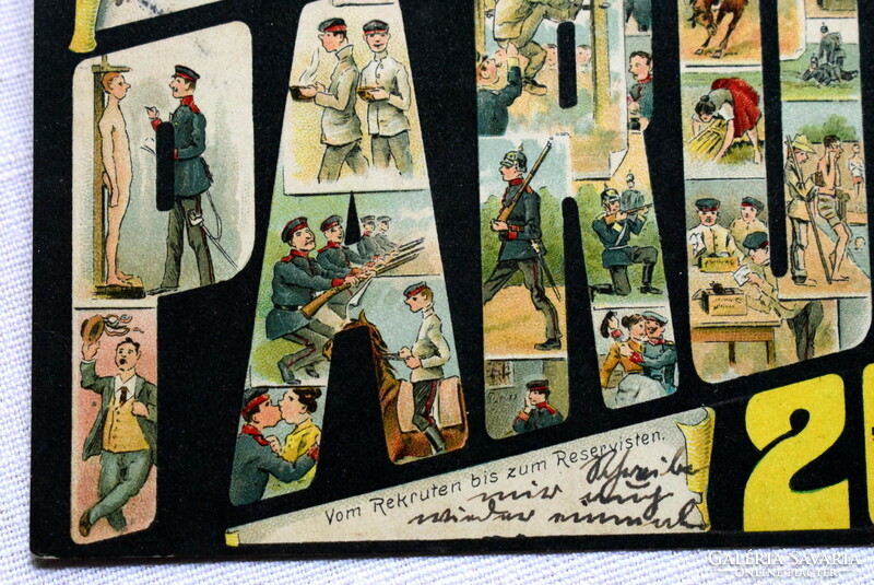 Antik német humoros katonai grafikus képeslap  200 nap újoncoktól tartalékosig