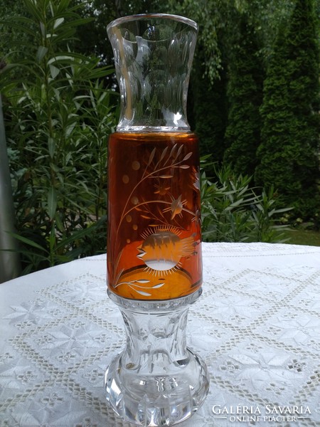Fantastic antique Bohemian crystal vase, Karl Pálfa amber color from the 30s!