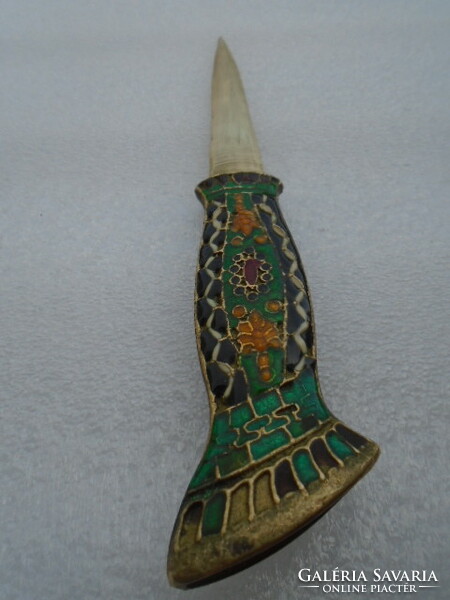 Artisan bronze leaf paring knife, 20.7 cm fire enamel with inlaid handle, a real curiosity