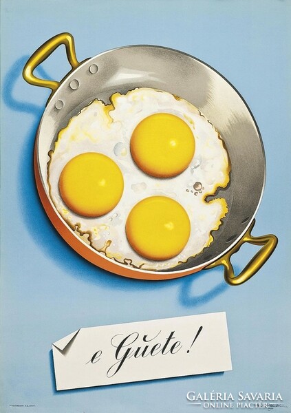 Enjoy your meal! Vintage Swiss advertising poster 1961, modern reprint print, fried egg skillet breakfast