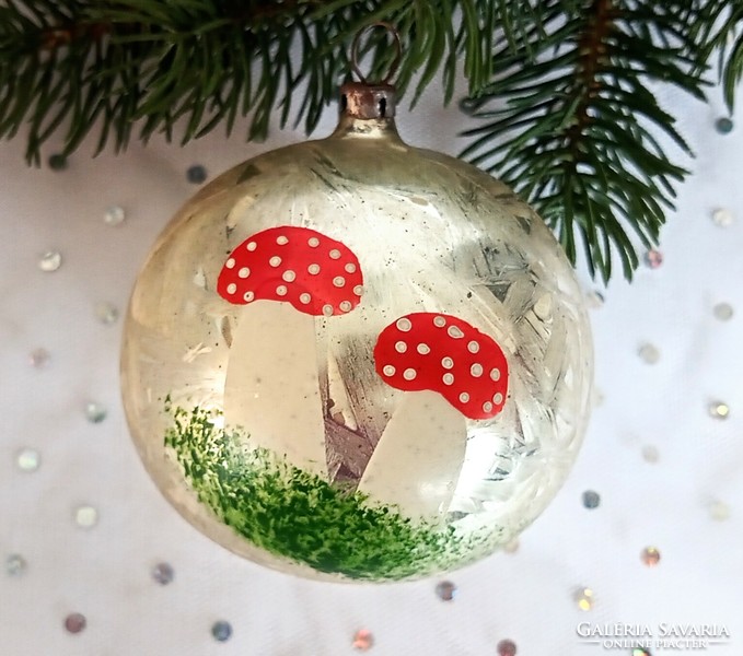 Régi kézzel festett gombás vékony üveg gömb nagy  karácsonyfa dísz 7cm