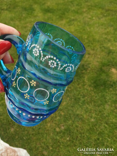 Blue glass, painted jug for sale!
