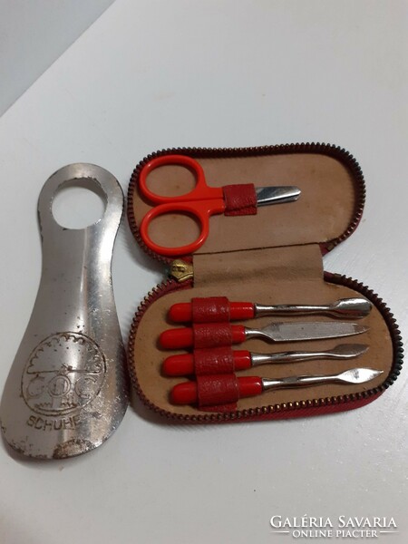 Old marked small shoe spoon with small manicure set in red leather case with zipper