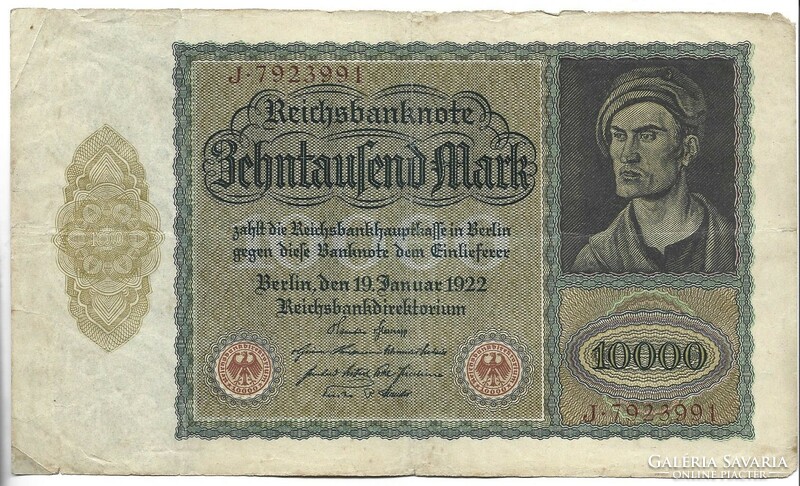 10000 márka 1922 nagy méret Alul középen betű nélkül más hátlap Németország 3.
