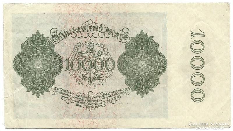 10000 márka 1922 kis méret birodalmi nyomtatás 8 jegyű sorszám Németország 1.