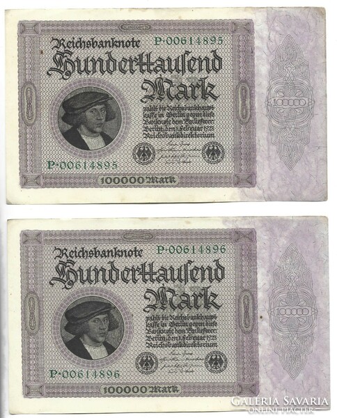 2 X 100000 marks 1923 imperial printing 8 digit serial number aunc unfolded Germany