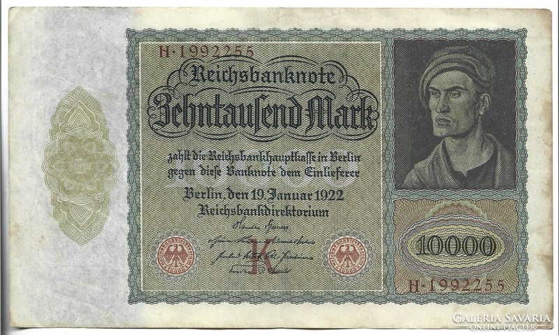 10000 márka 1922 nagy méret Alul középen betűvel Németország 3.