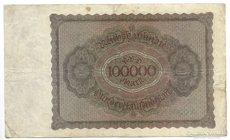 100000 márka 1923 birodalmi nyomtatás 1 db 8 jegyű sorszám "T" vel Németország Ritka