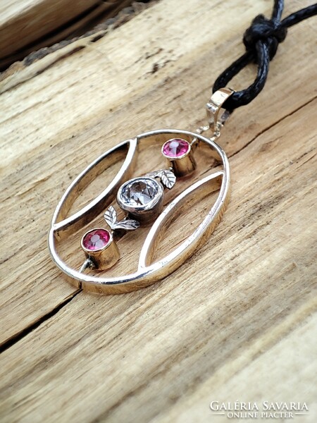 14K silver gold pendant with old euro cut diamonds and rubies