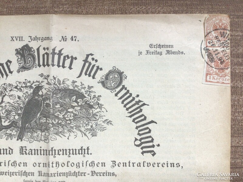 Svájci madártani újságon 1 Kreuzer újságbélyeg