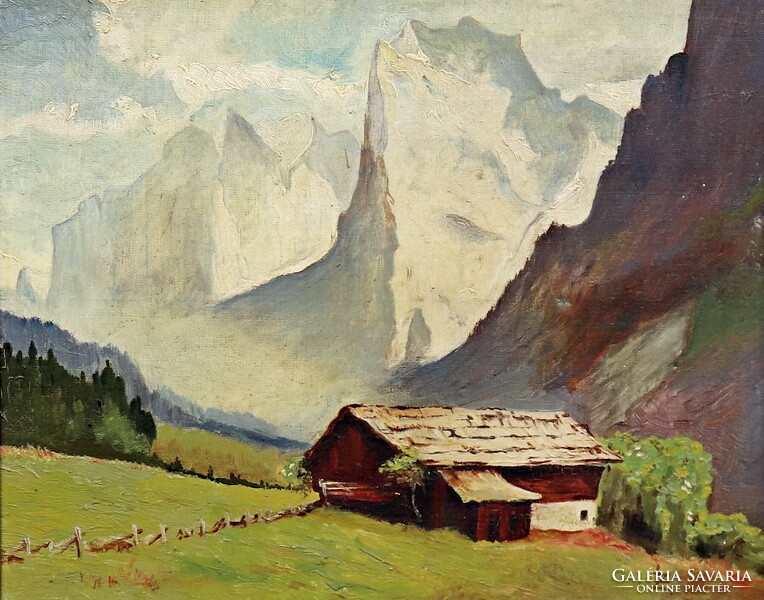 Osztrák (Bécsi) festő: Alpesi táj, jó kvalitású olajfestmény