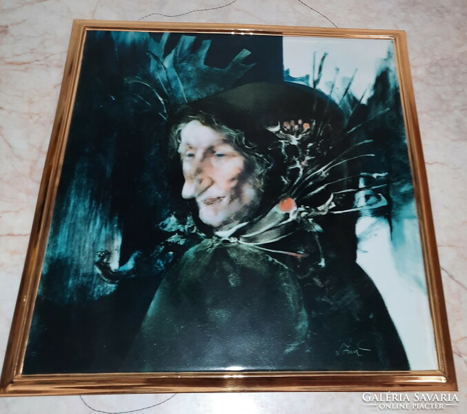 Endre Szasz good old mother in raven house porcelain picture with gilded edge, serially numbered limited edition!