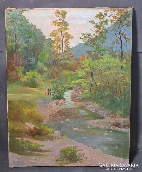 Landscape with hikers - oil painting on canvas