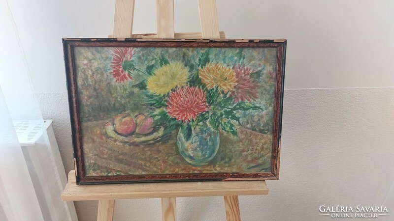 (K) Régi szignózott virágcsendélet festmény  51x36 cm kerettel