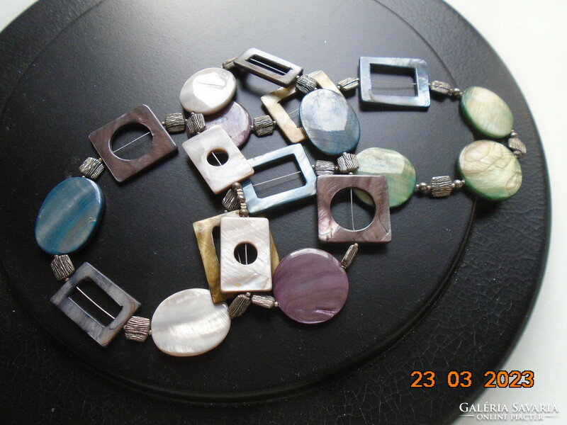 Art deco 5 shades abalone necklace with geometric shape flat beads with silver interspersed beads