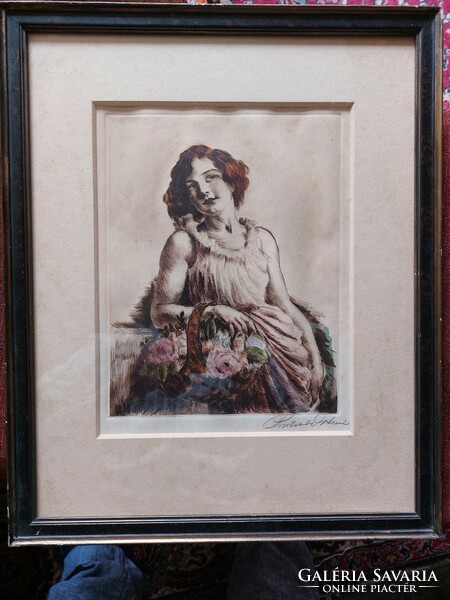 Colored etching by István Prihoda: girl with a basket of flowers