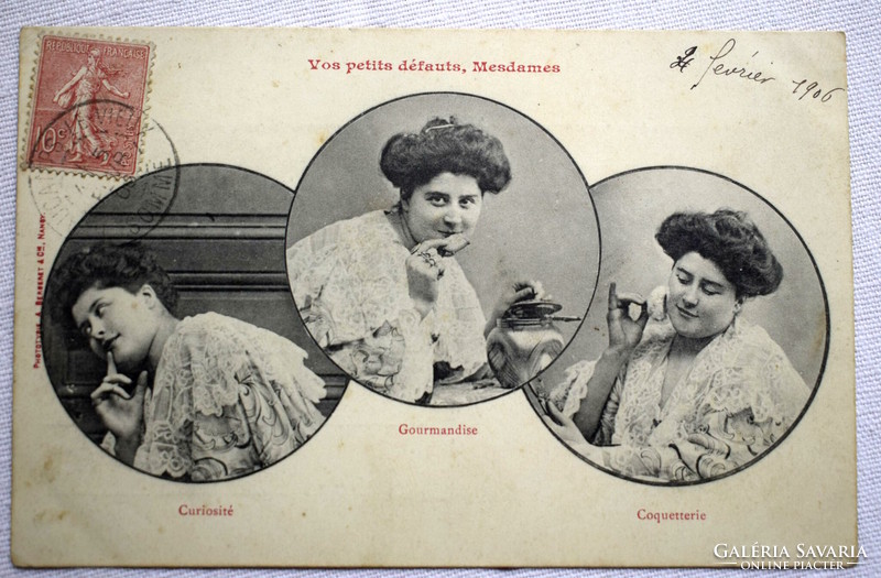 Antique humorous photo montage postcard women's faults are wantonness, gluttony, lady of vanity