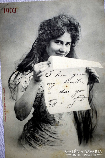 Antique photo postcard with cheerful lady letter 1903