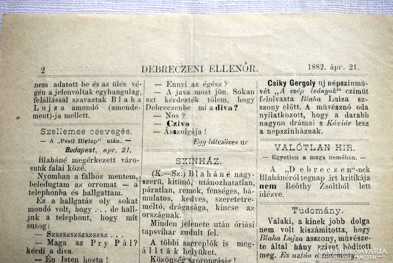 Debrecen inspector Blaha Lujza's official newspaper, 1882 Apr 21, attractive issue, front cover, newspaper, rare