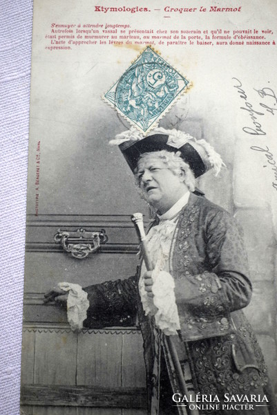 Antique humorous photo postcard of a gentleman in baroque clothes