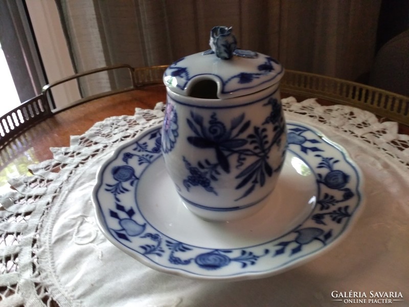 Antik Kardos jelzésű Meissen porcelán, kék hagymamintás mustártartó