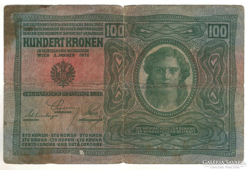 100 korona 1912 osztrák bélyegzés, mindkét oldala osztrák