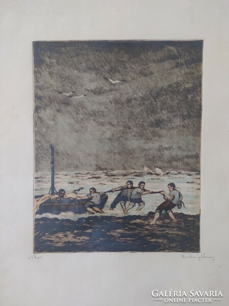 József Csillag: storm, colored etching in original frame, flawless 50x38 cm