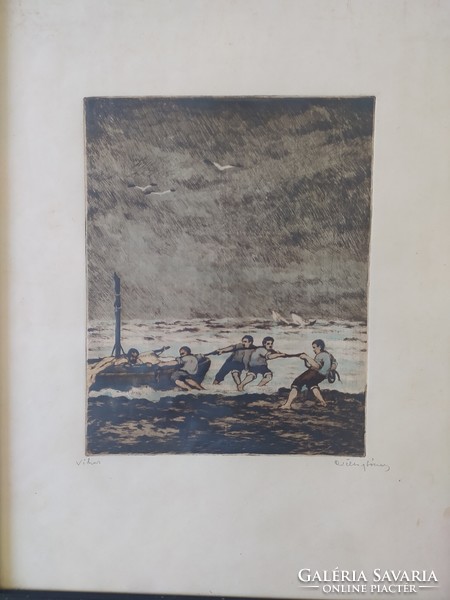 József Csillag: storm, colored etching in original frame, flawless 50x38 cm