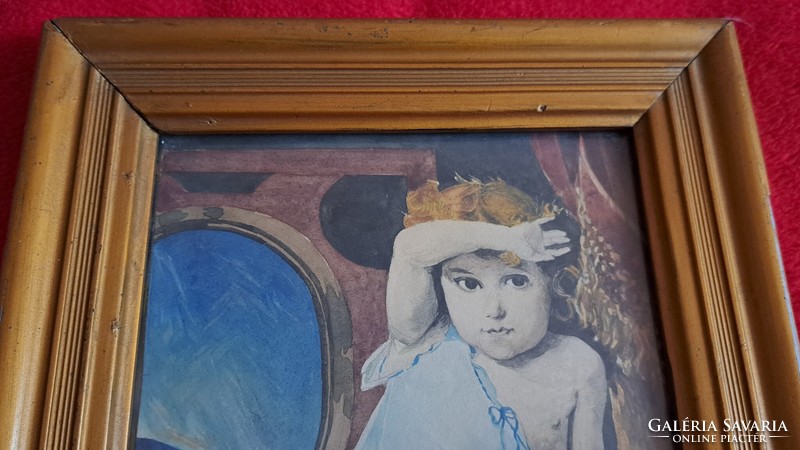 Antik szecessziós gyerek festmény, akvarell kép (M3831)