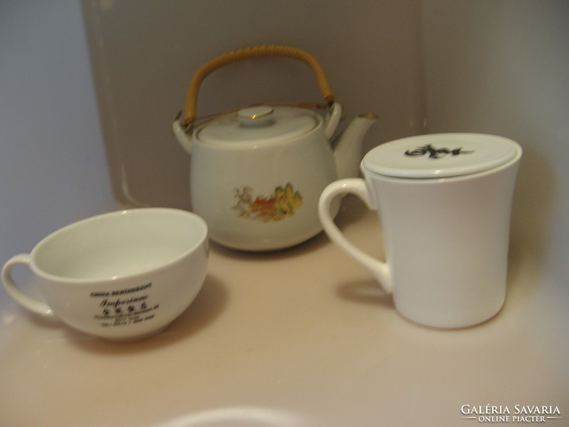 Japán otagiri  tájképes aranyozott teás kanna kínai fedeles, szűrős teás bögrével és csészével