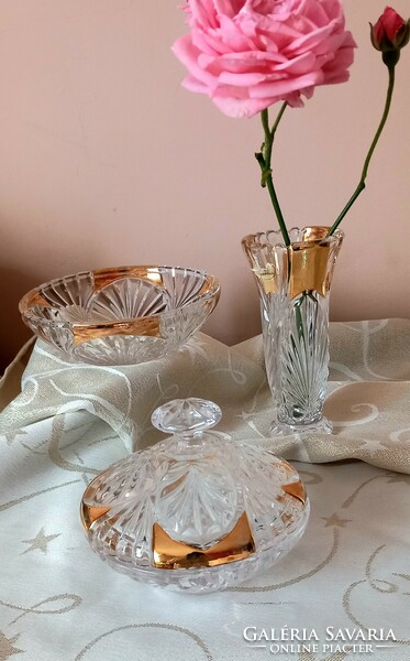 Art deco anna hütte crystals (vase, tray, bonbonnier) with thick gold decoration