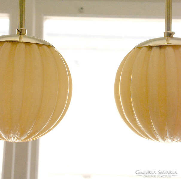 Art Deco Copper Ceiling Lamp Refurbished - Creamy Spherical Shade (Melon)