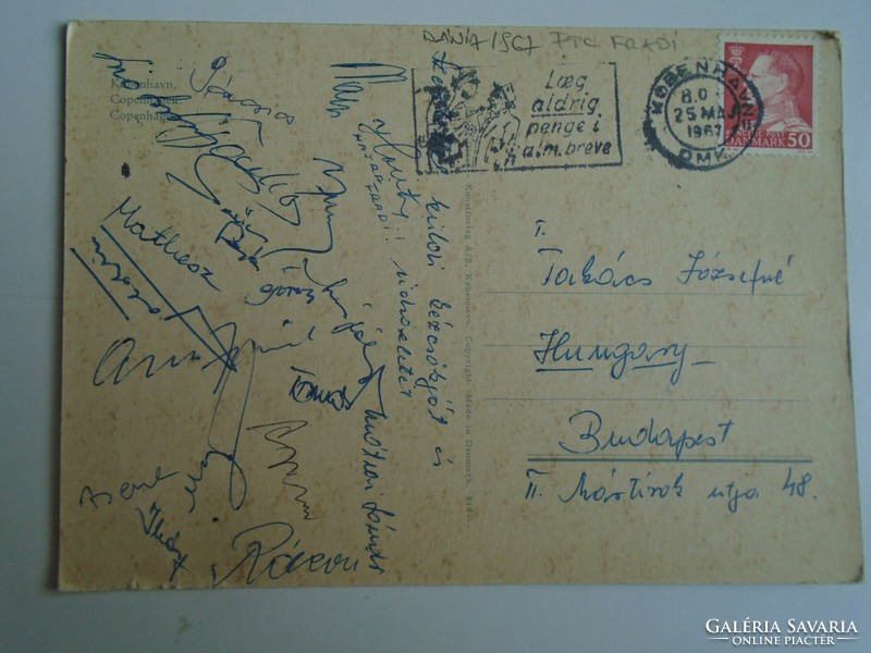H33.3 Postcard signed by Fradi ftc soccer team sent from Denmark in 1967 to József Takács